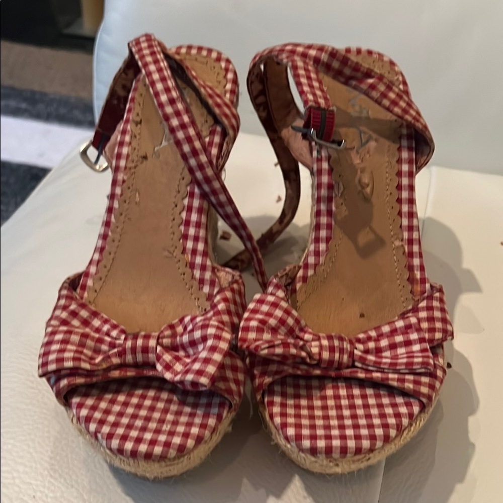 MIA Red Gingham Wedge Sandals
